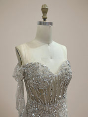 Sparkly Champagne Mermaid Off the Shoulder Long Prom Dress With Corset