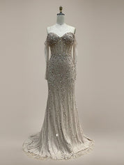 Sparkly Champagne Mermaid Off the Shoulder Long Prom Dress With Corset