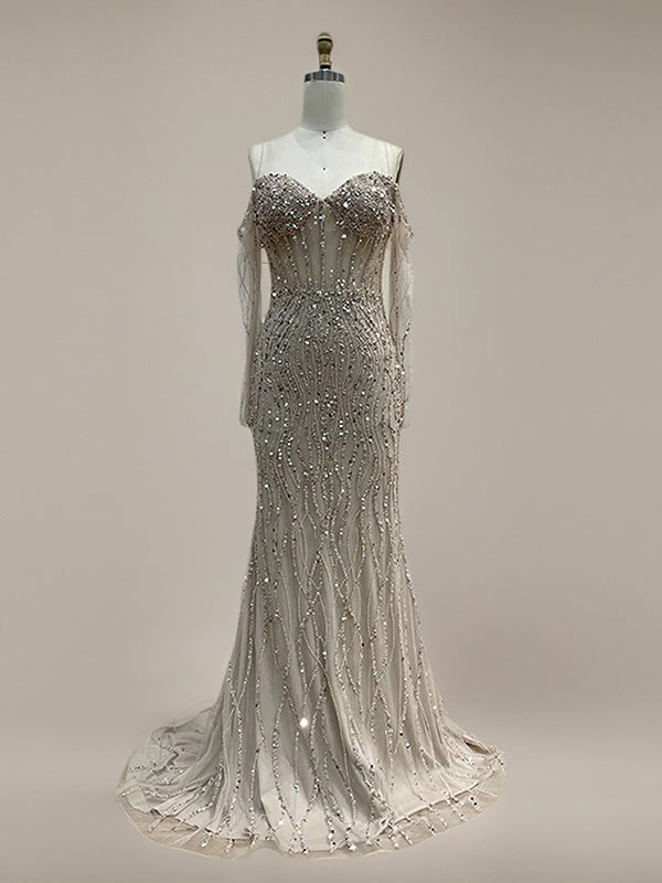 Sparkly Champagne Mermaid Off the Shoulder Long Prom Dress With Corset
