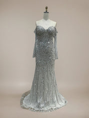 Sparkly Champagne Mermaid Off the Shoulder Long Prom Dress With Corset