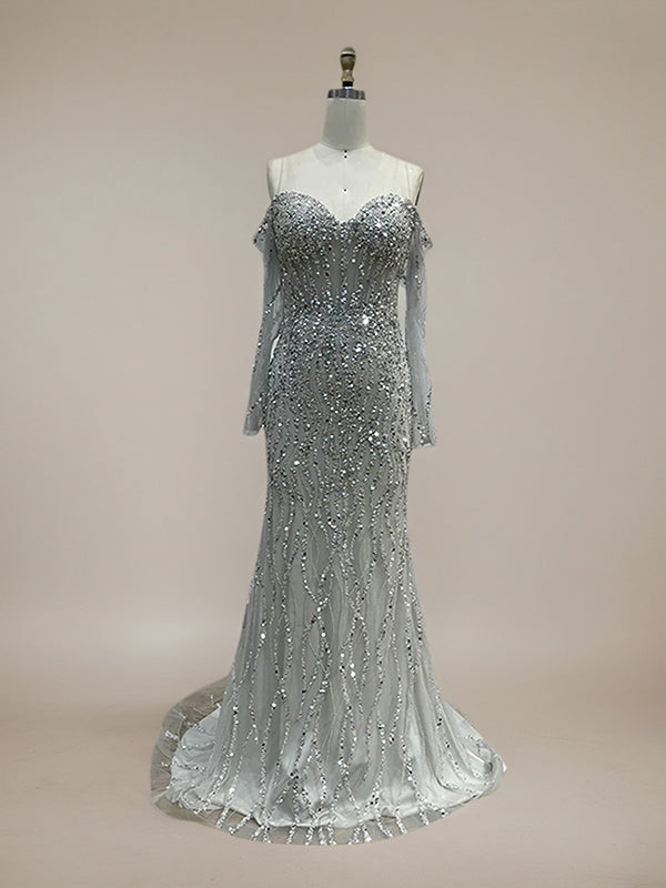 Sparkly Champagne Mermaid Off the Shoulder Long Prom Dress With Corset