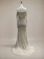 Sparkly Champagne Mermaid Off the Shoulder Long Prom Dress With Corset