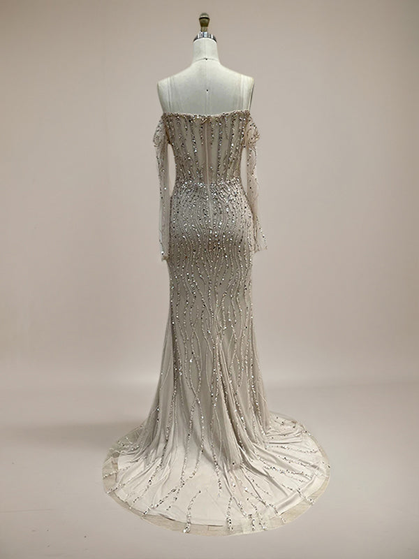 Sparkly Champagne Mermaid Off the Shoulder Long Prom Dress With Corset