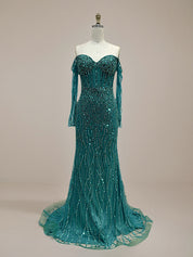Sparkly Champagne Mermaid Off the Shoulder Long Prom Dress With Corset