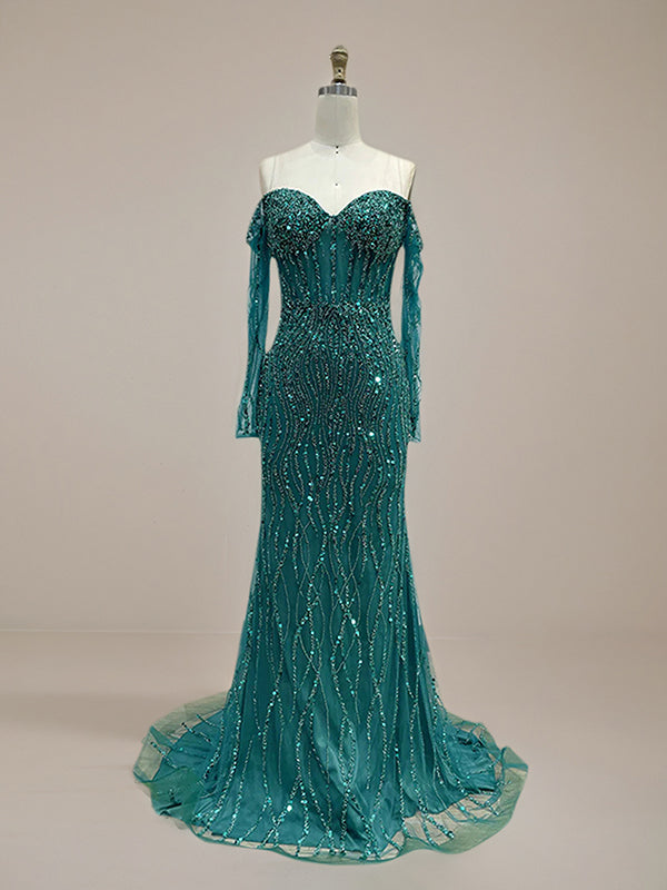 Sparkly Champagne Mermaid Off the Shoulder Long Prom Dress With Corset
