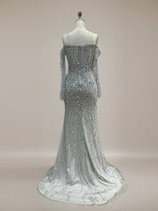Sparkly Champagne Mermaid Off the Shoulder Long Prom Dress With Corset