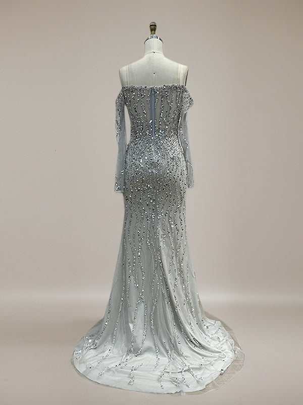 Sparkly Champagne Mermaid Off the Shoulder Long Prom Dress With Corset