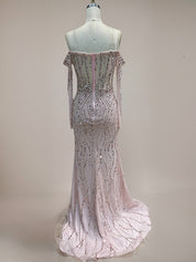 Sparkly Champagne Mermaid Off the Shoulder Long Prom Dress With Corset