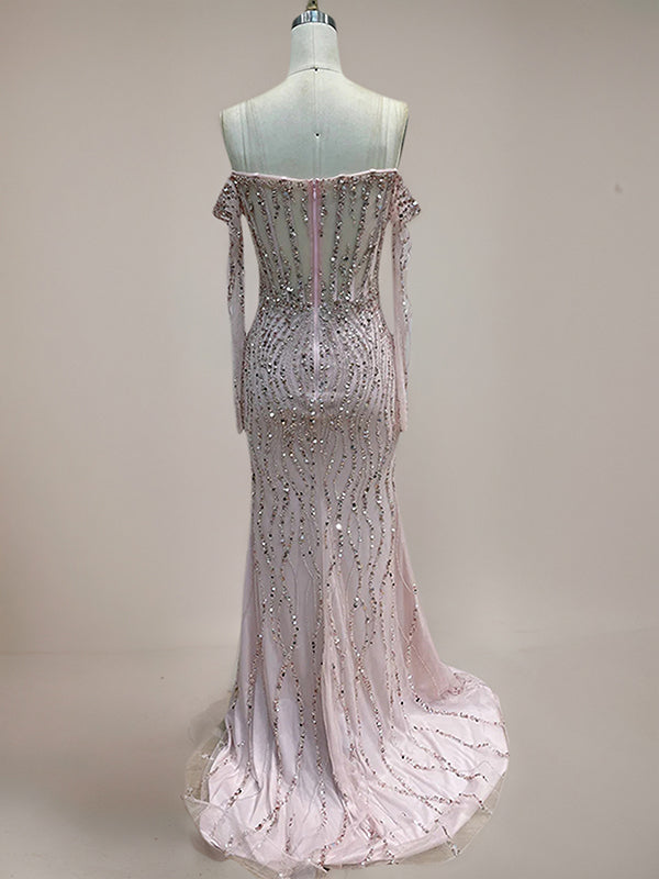 Sparkly Champagne Mermaid Off the Shoulder Long Prom Dress With Corset