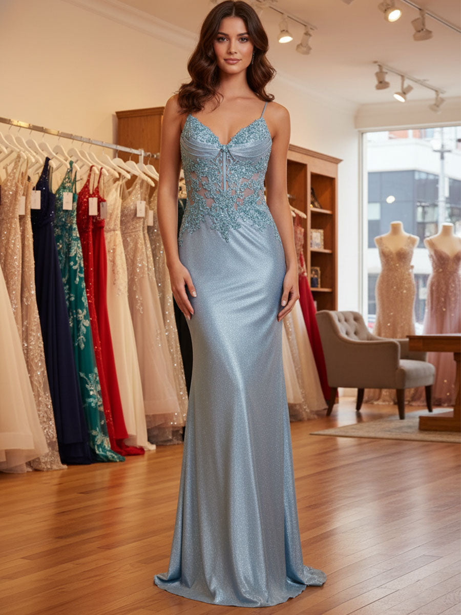 Sparkly Corset Long Prom Dress with Asymmetrical Appliqués