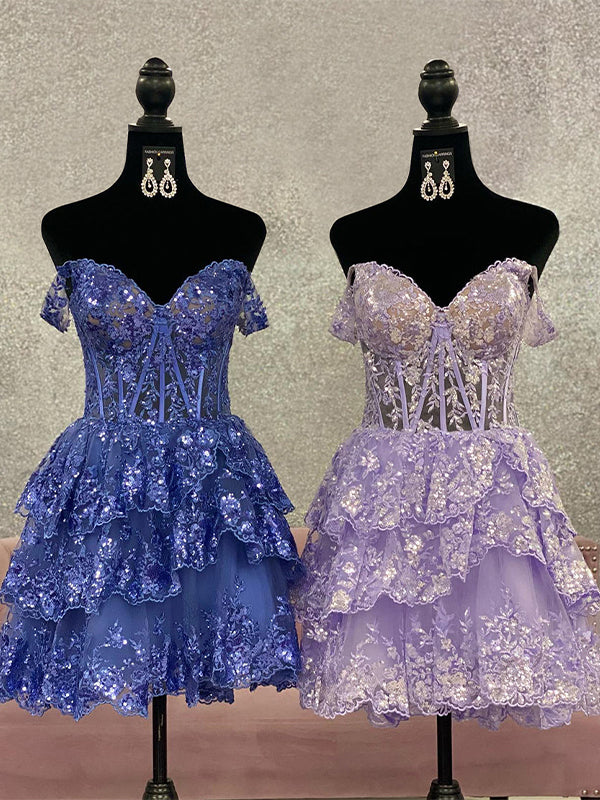 Sparkly A Line Off the Shoulder Homecoming Dress with Ruffles