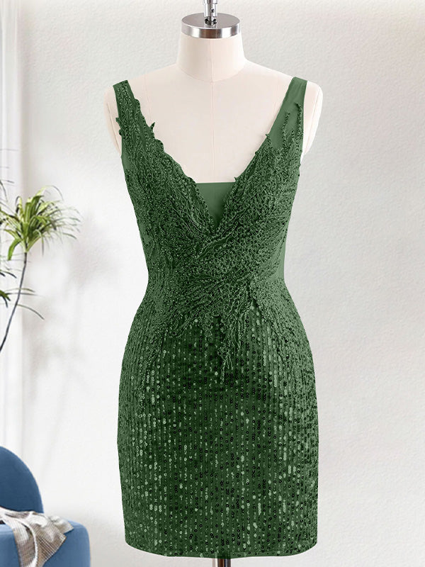 Sparkly Dark Green V-Neck Tight Short Homecoming Dress with Sequins