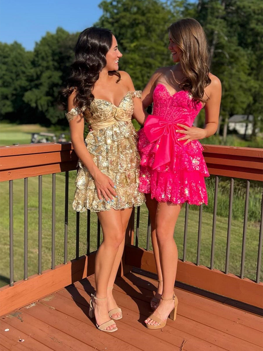 Sparkly Fuchsia A Line Sweetheart Corset Tiered Ruffle Homecoming Dress with Bows