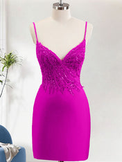 Sparkly Fuchsia Bodycon Spaghetti Straps Homecoming Dress with Sequins