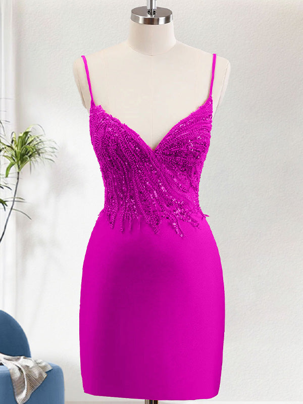 Sparkly Fuchsia Bodycon Spaghetti Straps Homecoming Dress with Sequins