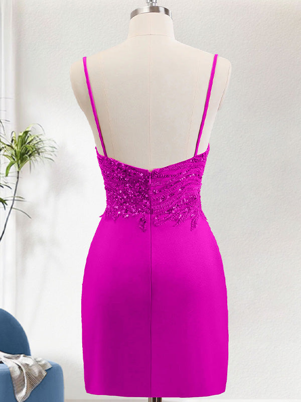 Sparkly Fuchsia Bodycon Spaghetti Straps Homecoming Dress with Sequins