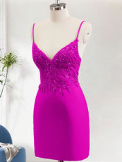 Sparkly Fuchsia Bodycon Spaghetti Straps Homecoming Dress with Sequins