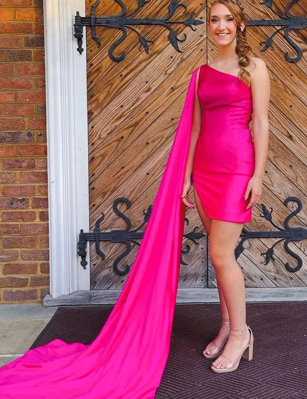 Sparkly Fuchsia Satin One Shoulder Train Tight Homecoming Dress