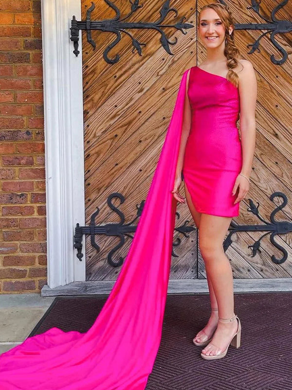 Sparkly Fuchsia Satin One Shoulder Train Tight Homecoming Dress