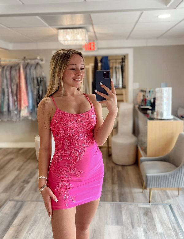Sparkly Fuchsia Spaghetti Straps Short Homecoming Dress with Appliques