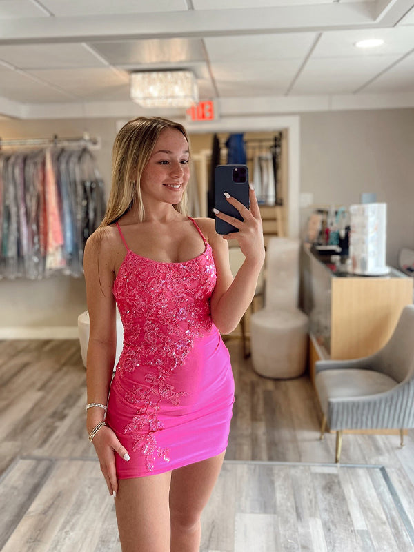 Sparkly Fuchsia Spaghetti Straps Short Homecoming Dress with Appliques