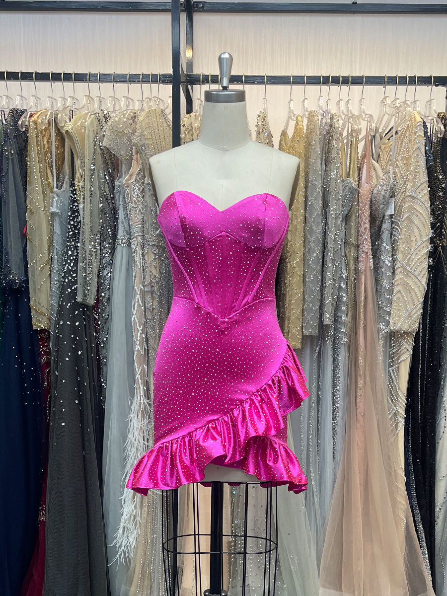 Sparkly Fuchsia Tight Short Corset Homecoming Dress with Beading