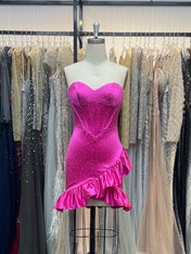 Sparkly Fuchsia Tight Short Corset Homecoming Dress with Beading