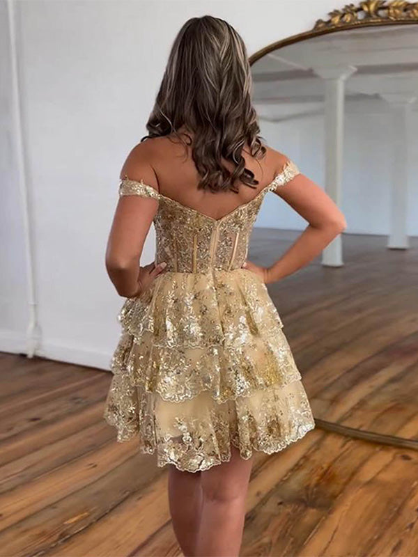 Dreamylily Women Sparkly Homecoming Dress with Ruffles Fuchsia A Line Off  the Shoulder