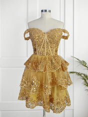 Sparkly Gold A Line Off the Shoulder Homecoming Dress with Ruffles