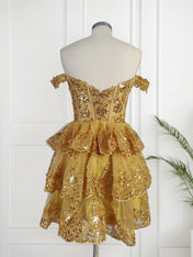 Sparkly Gold A Line Off the Shoulder Homecoming Dress with Ruffles