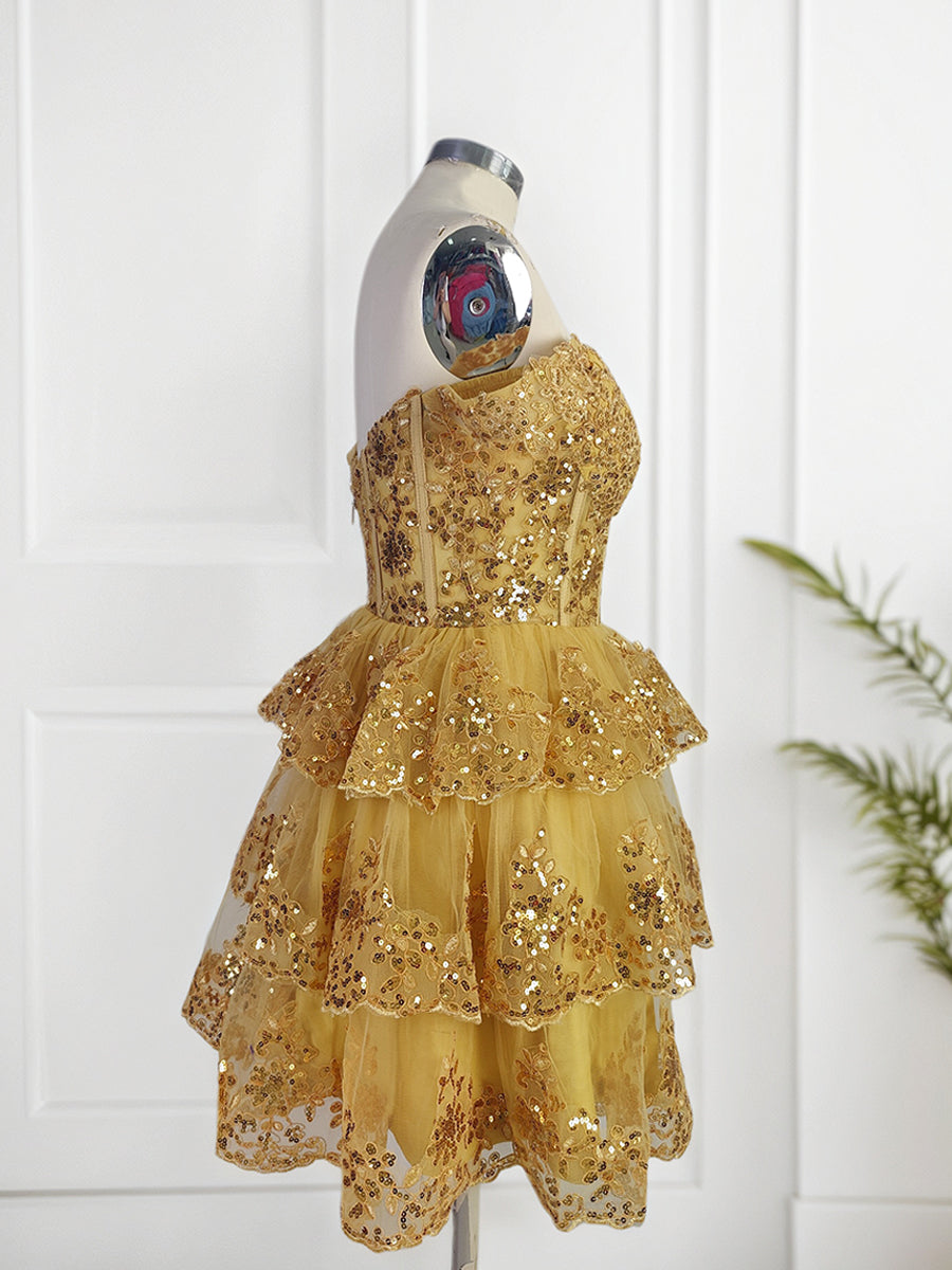 Sparkly Gold A Line Off the Shoulder Homecoming Dress with Ruffles