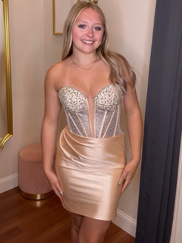 Sparkly Gold Satin Bodycon Short Corset Homecoming Dress with Beading