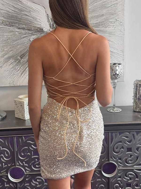 Sparkly Gold Spaghetti Straps Corset Short Sequins Homecoming Dress with Beading
