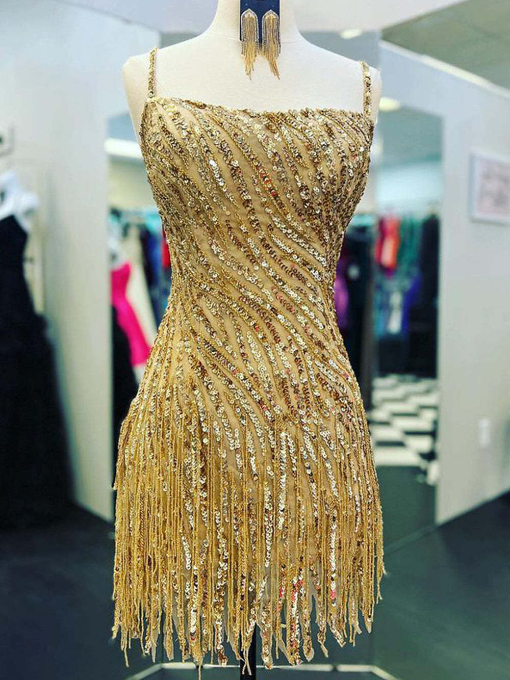 Sparkly Gold Spaghetti Straps Mermaid lace up Homecoming Dresses To Impress