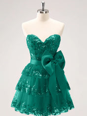 Sparkly A Line Sweetheart Corset Tiered Ruffle Homecoming Dress with Bows