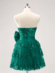 Sparkly A Line Sweetheart Corset Tiered Ruffle Homecoming Dress with Bows