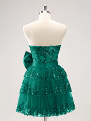Sparkly Green A Line Sweetheart Corset Tiered Ruffle Homecoming Dress with Bows