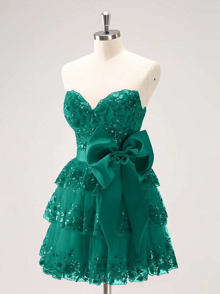 Sparkly Green A Line Sweetheart Corset Tiered Ruffle Homecoming Dress with Bows