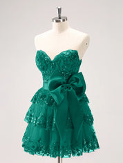 Sparkly Green A Line Sweetheart Corset Tiered Ruffle Homecoming Dress with Bows