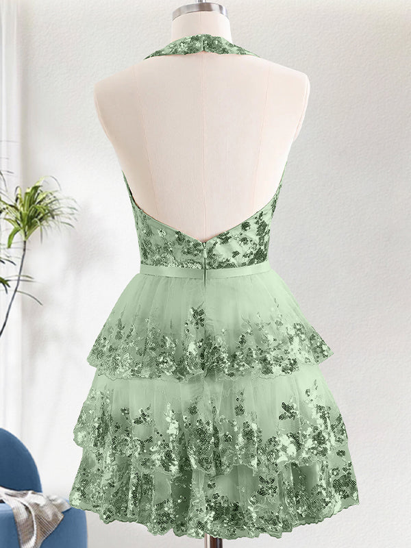 Sparkly Green A Line Halter Tiered Sequined Backless Homecoming Dress
