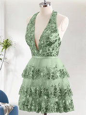 Sparkly Green A Line Halter Tiered Sequined Backless Homecoming Dress
