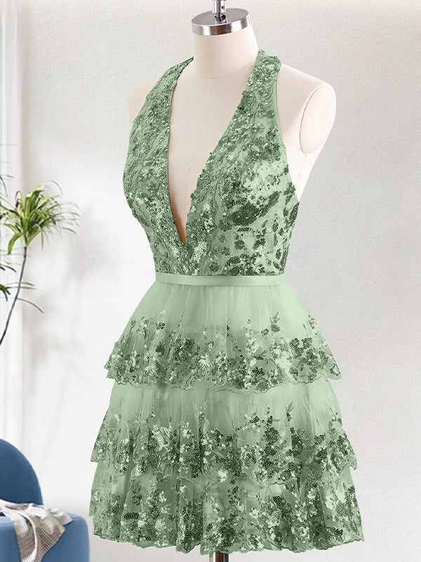 Sparkly Green A Line Halter Tiered Sequined Backless Homecoming Dress