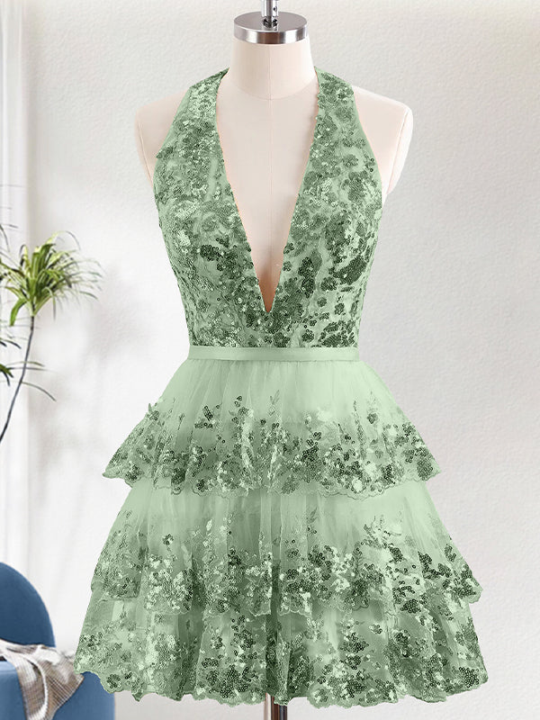 Sparkly Green A Line Halter Tiered Sequined Backless Homecoming Dress