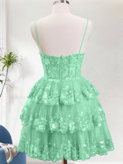 Sparkly Green A Line Spaghetti Straps Corset Tiered Short Homecoming Dress