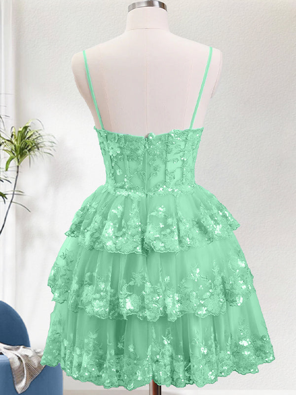 Sparkly Green A Line Spaghetti Straps Corset Tiered Short Homecoming Dress