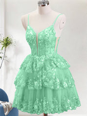 Sparkly Green A Line Spaghetti Straps Corset Tiered Short Homecoming Dress