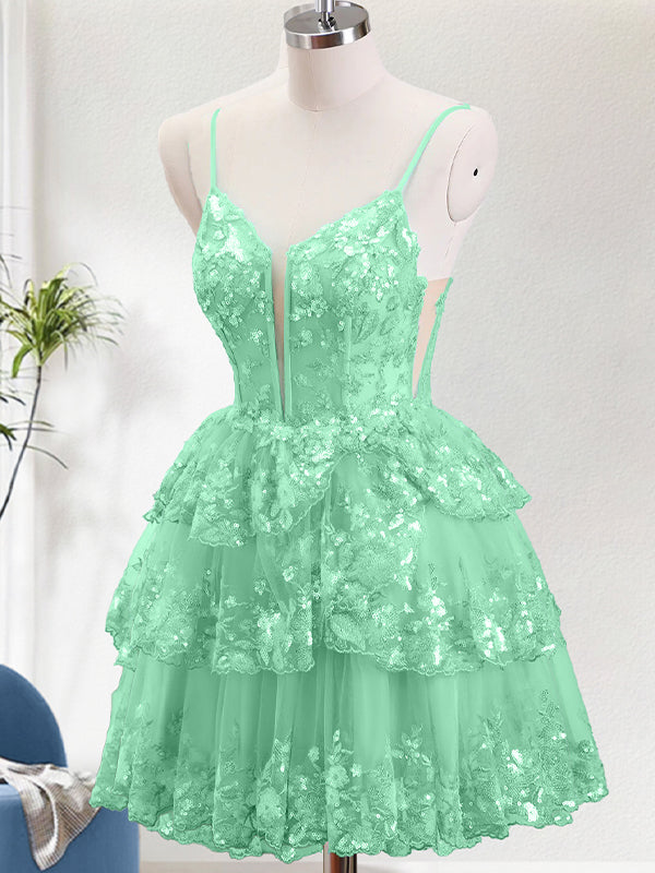 Sparkly Green A Line Spaghetti Straps Corset Tiered Short Homecoming Dress