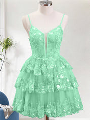 Sparkly Green A Line Spaghetti Straps Corset Tiered Short Homecoming Dress