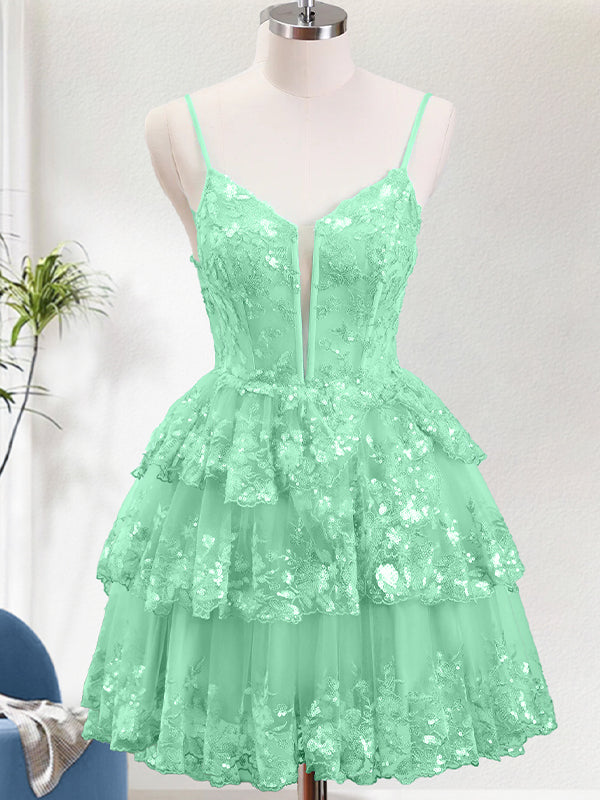 Sparkly Green A Line Spaghetti Straps Corset Tiered Short Homecoming Dress