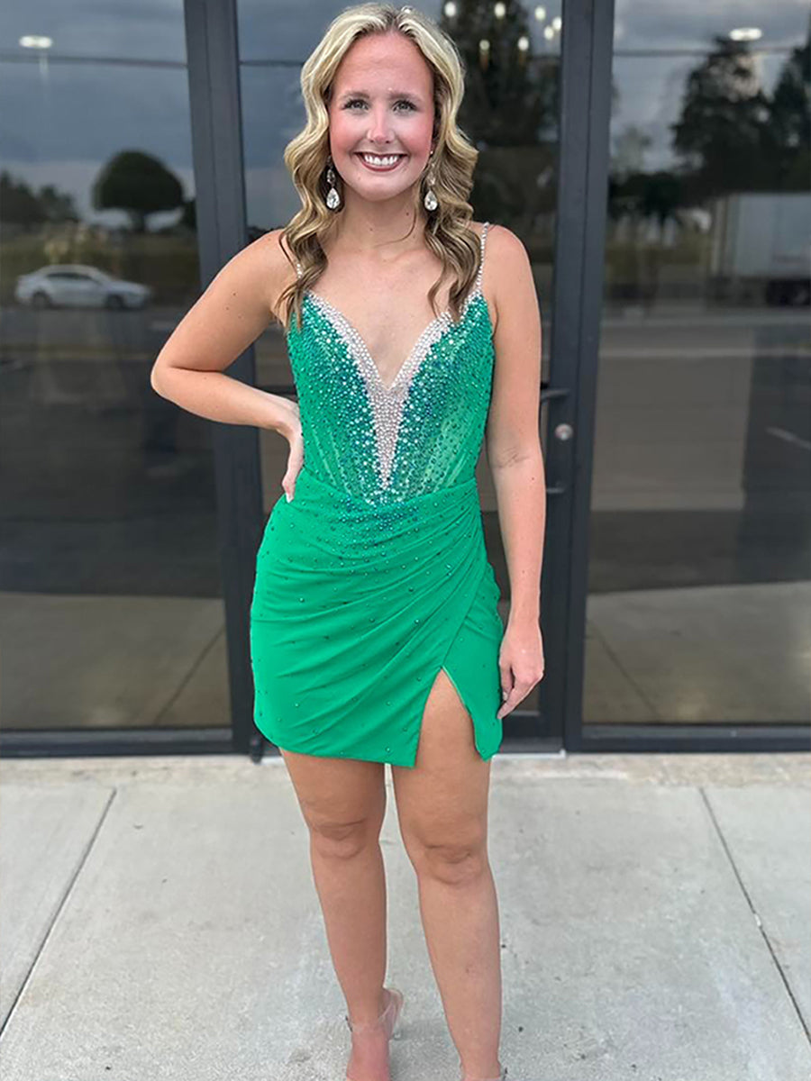 Sparkly Green Bodycon Ruched Beaded Short Homecoming Dress with Slit